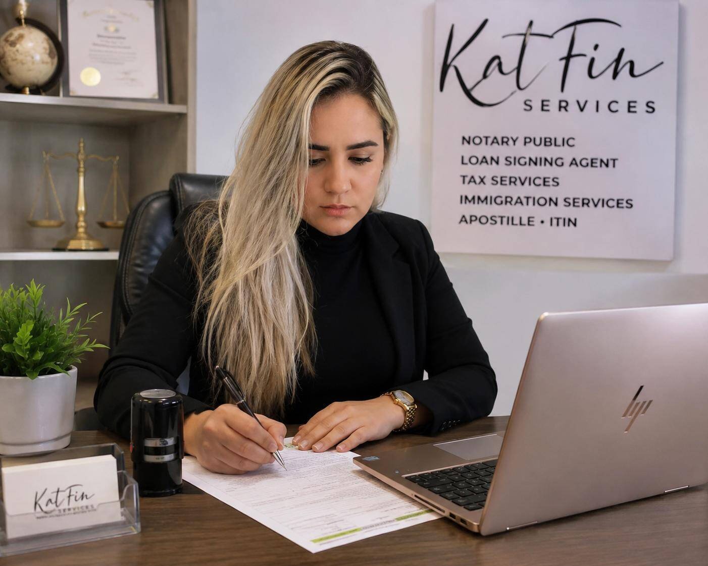 Katherine preparing documents at her desk