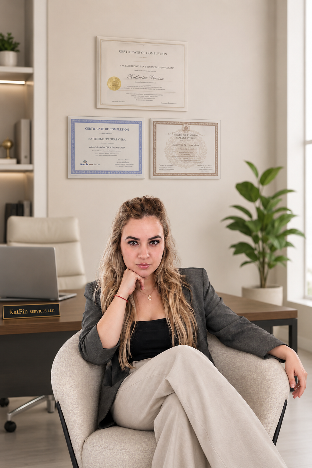 Katherine, fundadora de KatFin Services, en su oficina